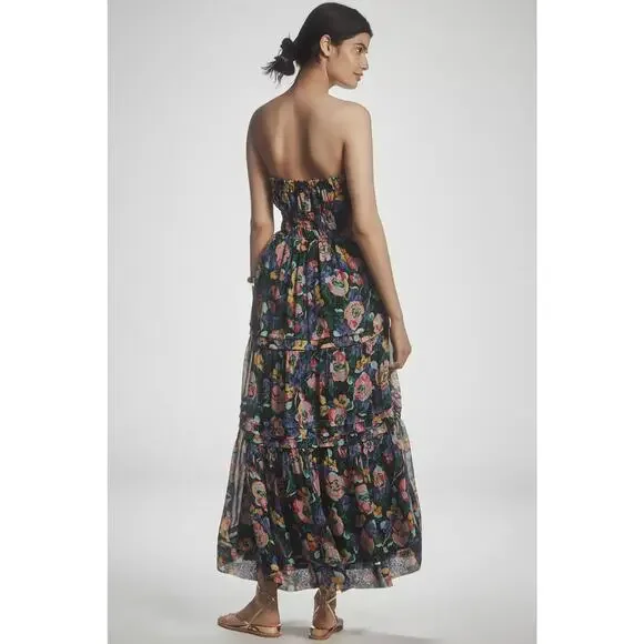 New Anthropologie The Somerset Strapless Maxi Dress $178 X-Large Blue Floral - Picture 4 of 8